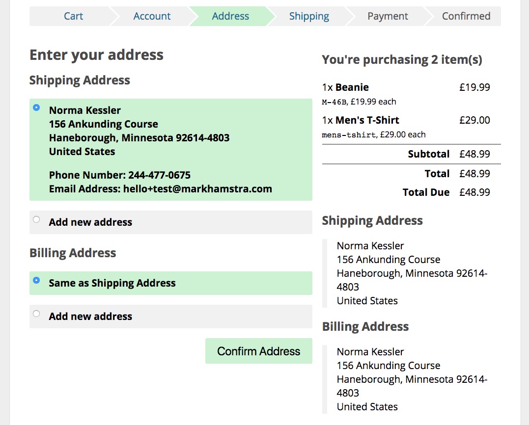 Address step in the checkout showing a previously used shipping address