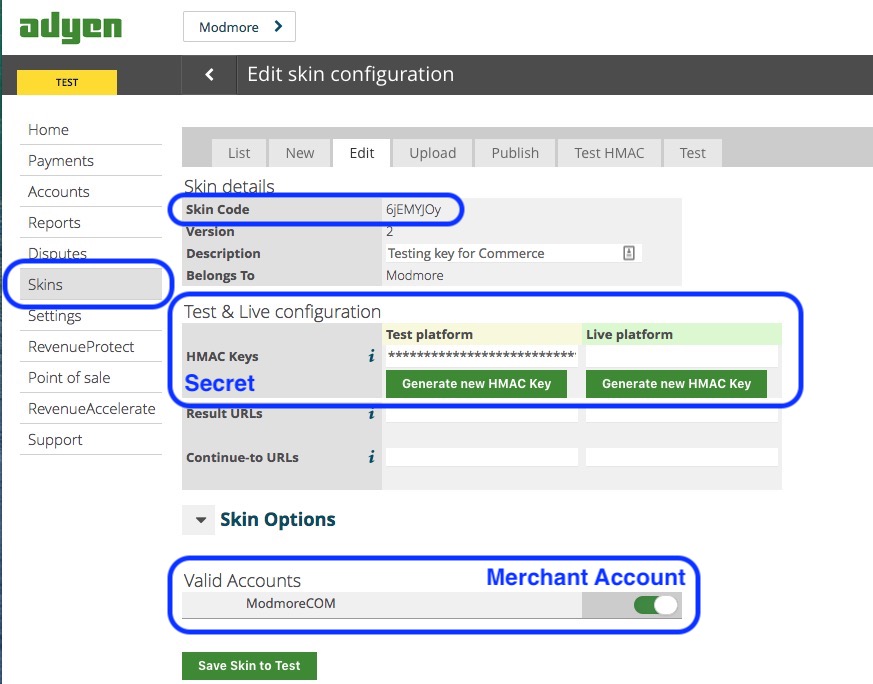 Screenshot showing the Adyen skin edit page and where to find the right values