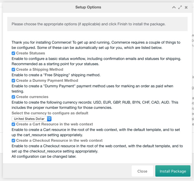 Setup options shown for the checkout