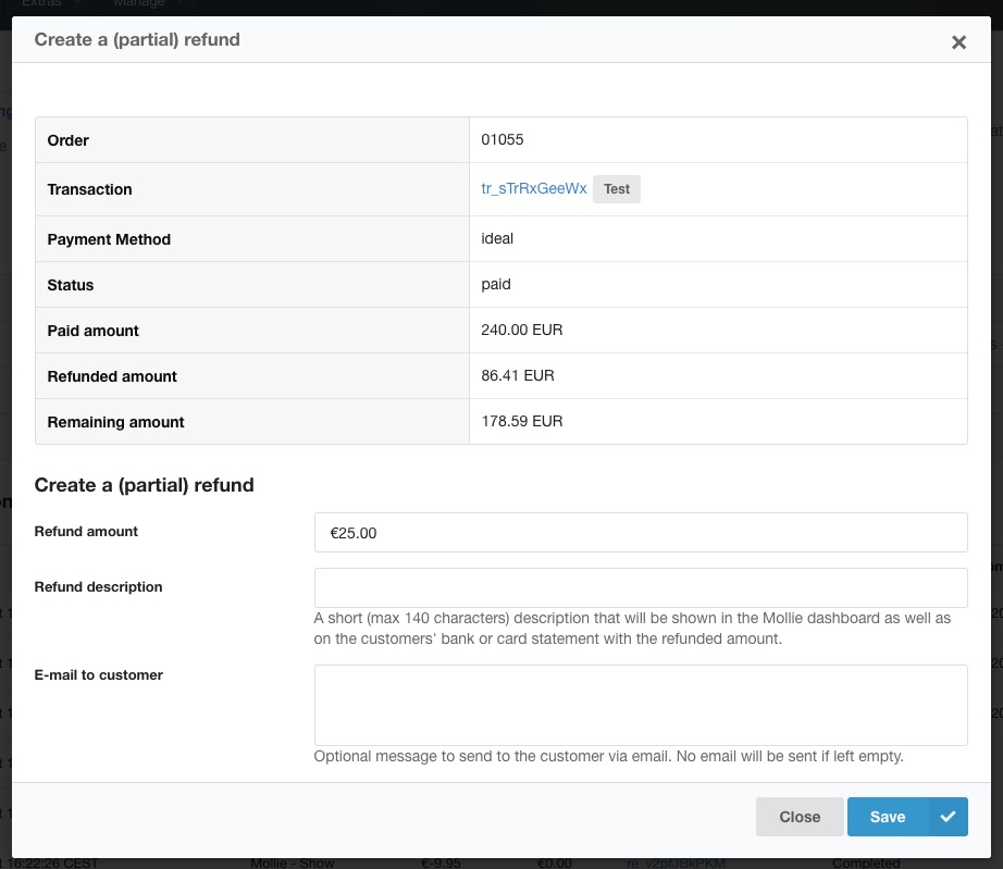 Showing the form used to create a refund