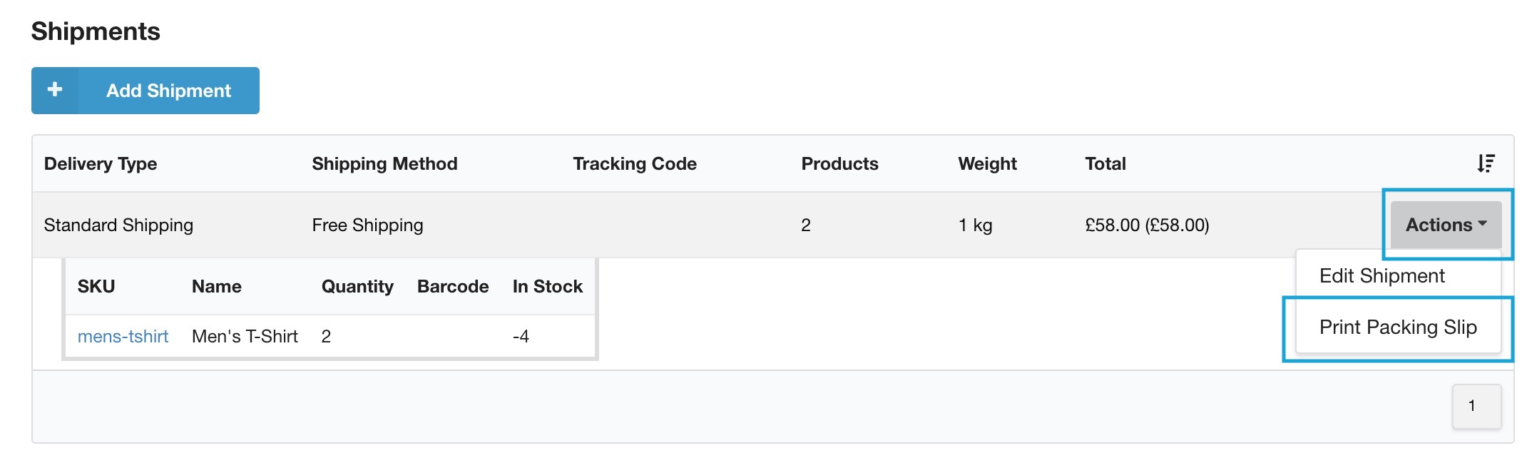 Screenshot showing the menu from where you can print the packing slip