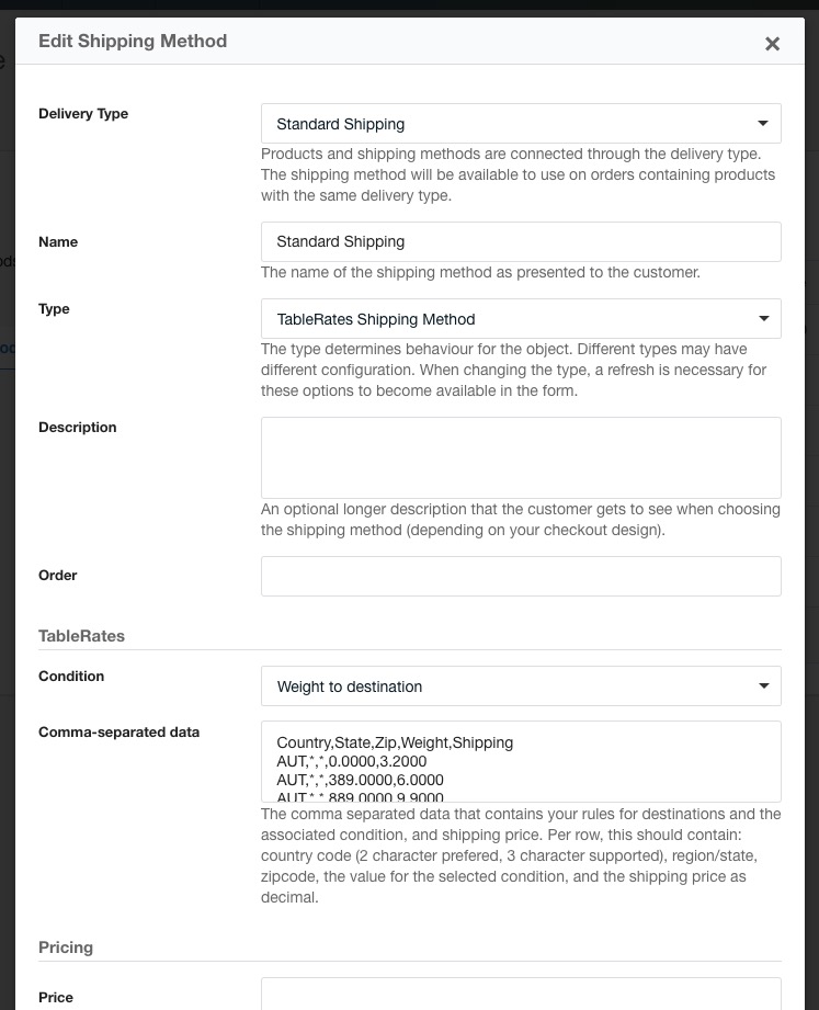 Screenshot showing the edit panel for a TableRates shipping method