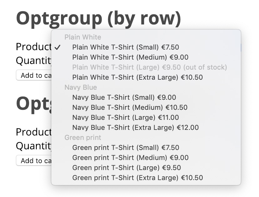 Product Matrix shown as a select optgroup, grouped by row