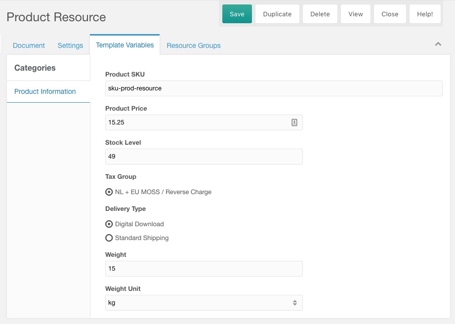 A Resource Product with TVs for SKU, price, stock, tax group, delivery type, and weight.