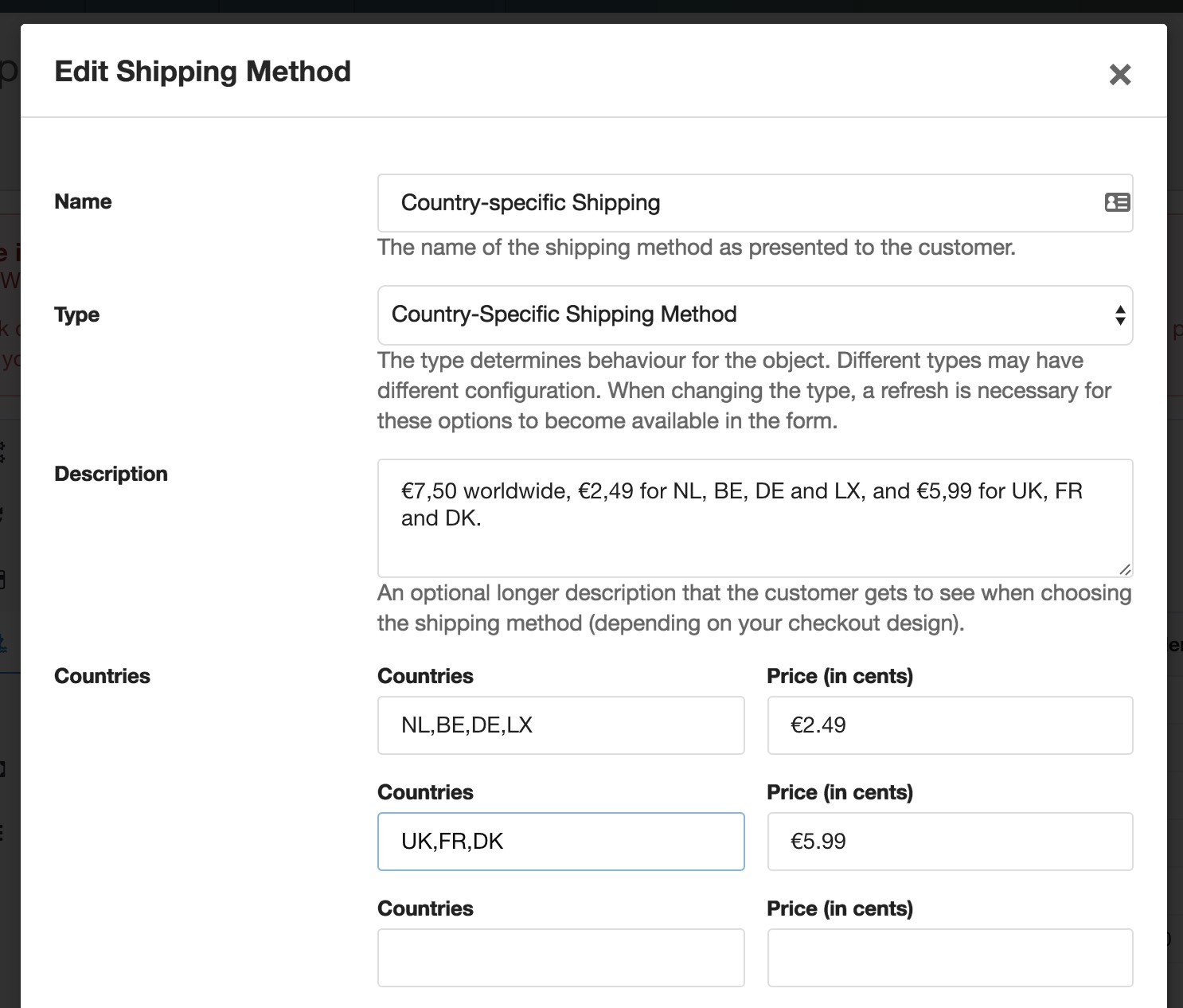 Example of Shipping Methods interface to provide country-specific prices.