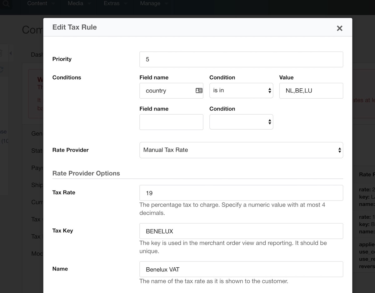 Screenshot of the Tax Rule edit form