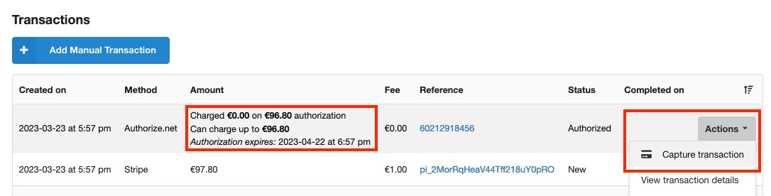 Showing the actions menu in the list of transactions on an order.