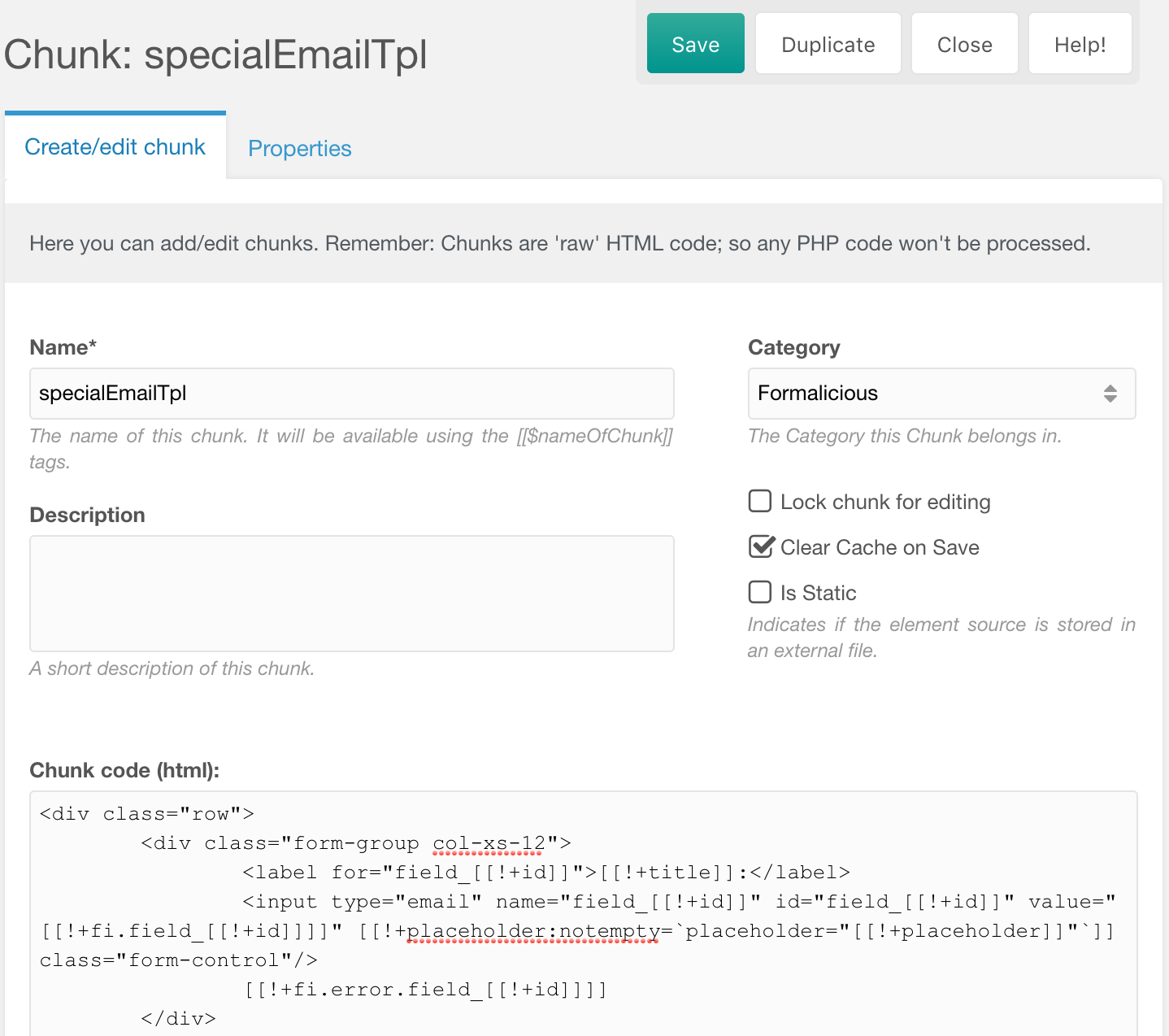 specialEmailTpl chunk for a Formalicious email-field