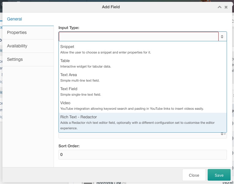 Selecting the Redactor input type for ContentBlocks