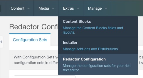 Redactor Configuration under Extras in the MODX 2.x manager
