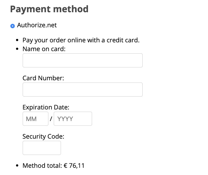 Example Authorize.net payment form using the default styles.